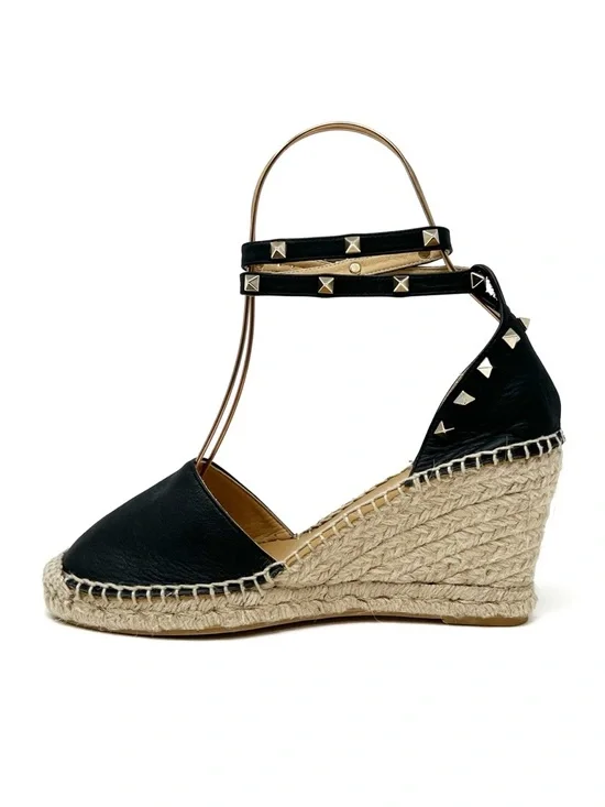 Maypol Studded Leather Wedge Espadrilles Size 39/ Black Leather Gold Studs - Picture 4 of 11